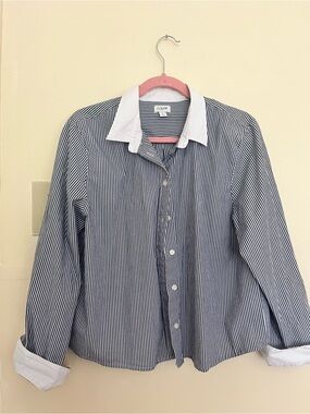 J. Crew Navy and White Pinstripe Shirt with White Collar